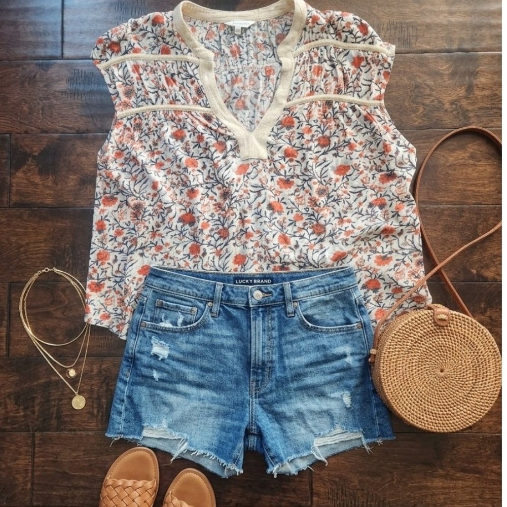 Lucky Brand Floral Top Women Size M Orange Cream Excellent Boho Split V-Neck